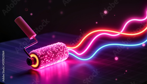 Neon glowing paint roller with pink and blue lights on dark background
