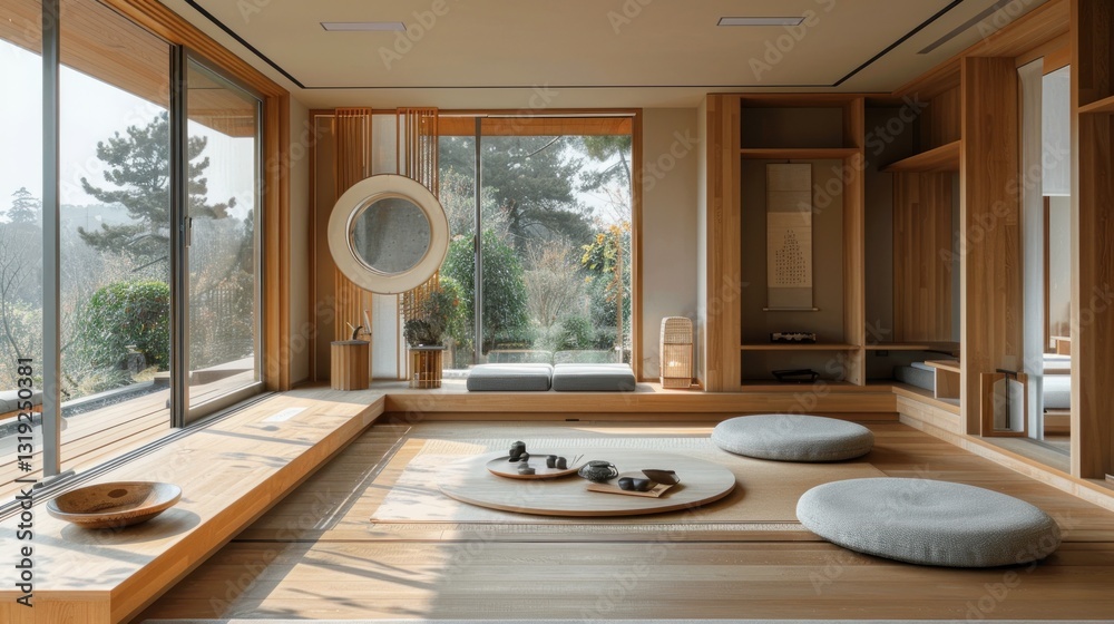Serene Minimalist Japanese Tea Room Design with Panoramic Views Serene Minimalist Japanese Tea Room Design with Panoramic Views