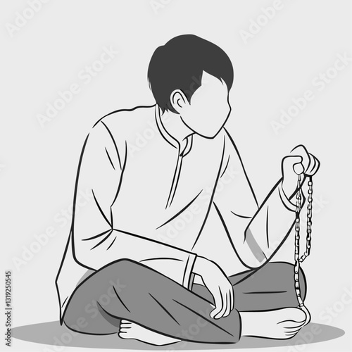 Muslim holding  prayer beads and praying vector  illustration