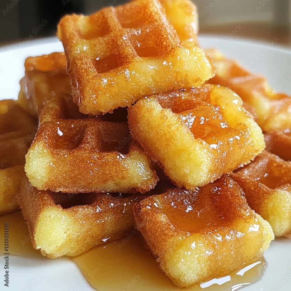 Golden-brown waffles, intricately wrinkled, stack artfully on a pristine white plate, exuding warmth and inviting flavors with each textured layer Golden-brown waffles, intricately wrinkled, stack artfully on a pristine white plate, exuding warmth and inviting flavors with each textured layer