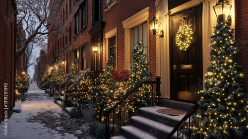 Festive Brick Row Houses Adorned With Christmas Lights And Snow