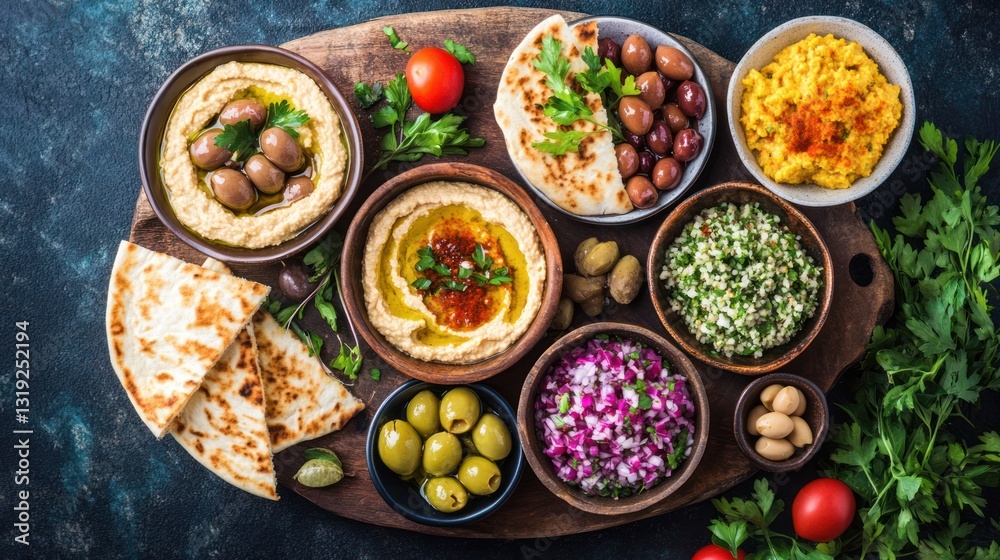 Assorted Middle Eastern dips and flatbread. A selection of flavorful dips, olives, and pita bread arranged on a wooden board Assorted Middle Eastern dips and flatbread. A selection of flavorful dips, olives, and pita bread arranged on a wooden board