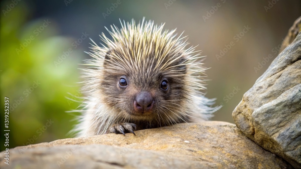Fototapeta premium A curious young hedgehog peering over a rock, its tiny claws visible, in a natural outdoor setting.