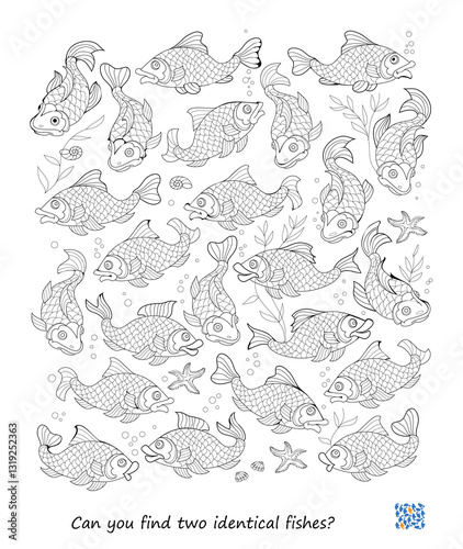 Logic puzzle for children and adults. Can you find two identical fishes? Game Seek and Find. Page for kids brain teaser book. Task for attentiveness. IQ test. Play online. Hand drawn vector image.