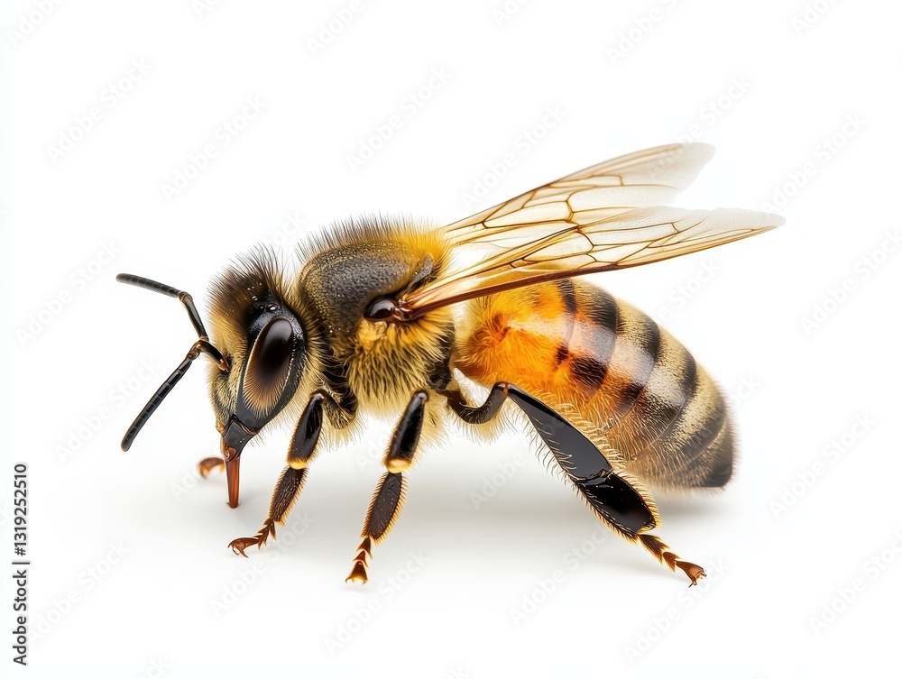 Close-up of a honeybee showcasing intricate details and natural colors Close-up of a honeybee showcasing intricate details and natural colors