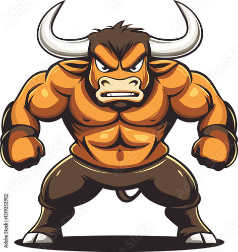 Strong bull character showcasing muscle and determination in a dynamic pose cartoon isolated on transparent background. Vector illustration.