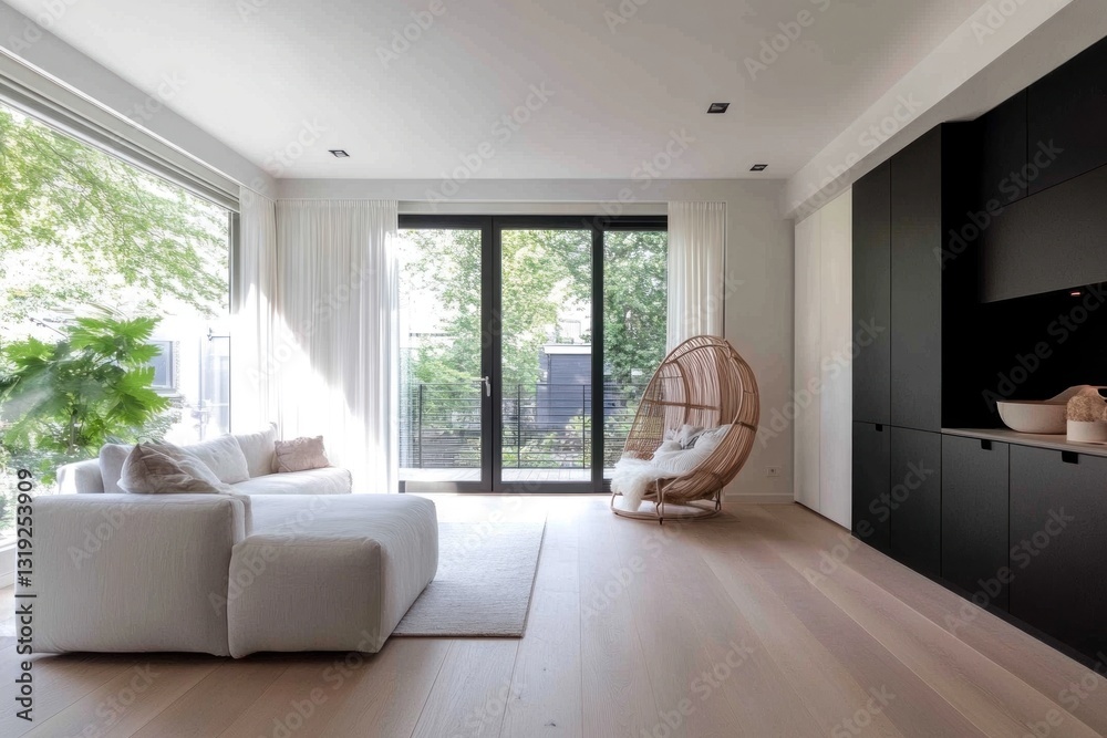 Fototapeta premium Modern living room with white sofa, wicker chair, and black cabinetry, large windows and natural light.