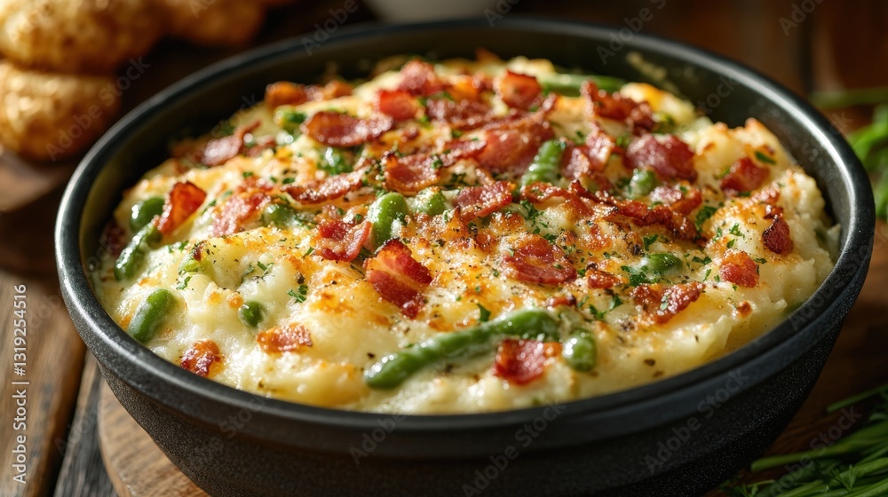 Close-up of a black cast-iron casserole brimming with creamy mashed potatoes, tender green beans, and savory bacon atop a rustic wooden table—perfect comfort food Close-up of a black cast-iron casserole brimming with creamy mashed potatoes, tender green beans, and savory bacon atop a rustic wooden table—perfect comfort food