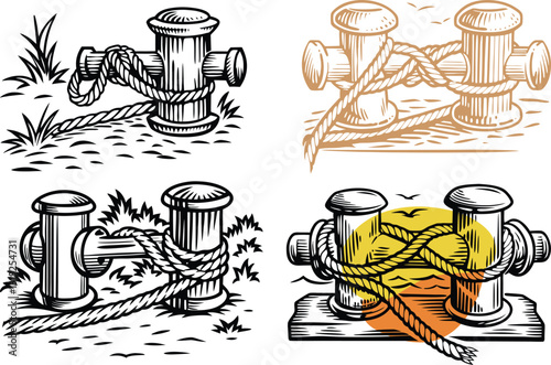 set of Old marine bollard with rope tied on pier hand black vector, engraving sketch ink poster black illustration etching style tattoo, color blobs logo 