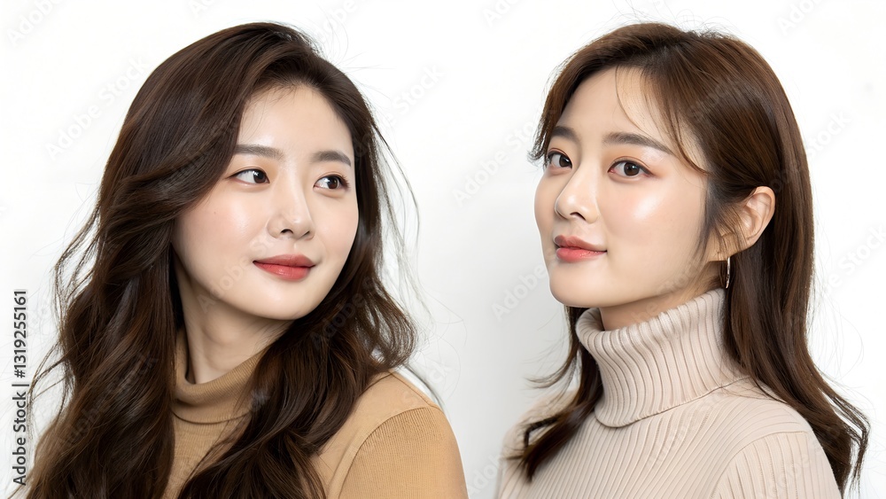 Two Asian Women with Contrasting Hairstyles Side Profile Two Asian Women with Contrasting Hairstyles Side Profile