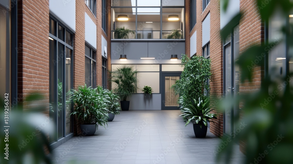 Fototapeta premium Tranquil Brick Building Interior Courtyard With Greenery