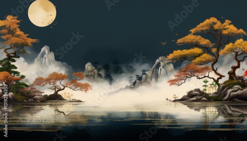 Wallpaper Mural beautiful border frame of japanese traditional ink painting  of Island with trees in fog background Torontodigital.ca