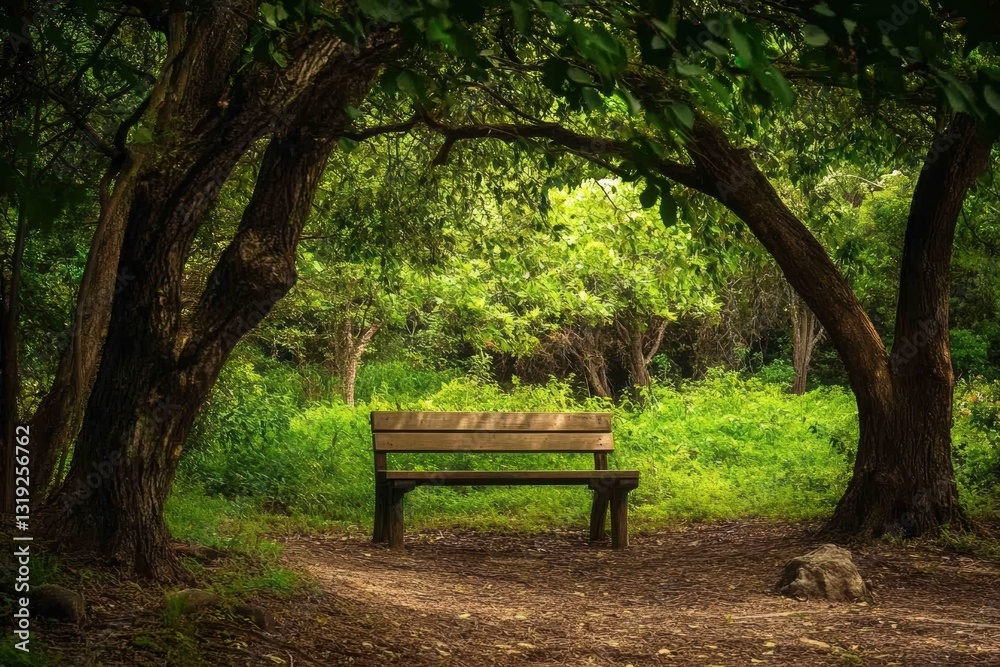 A peaceful and harmonious setting in nature, with a wooden bench surrounded by ancient trees, symbolizing the connection between longevity and nature’s healing power A peaceful and harmonious setting in nature, with a wooden bench surrounded by ancient trees, symbolizing the connection between longevity and nature’s healing power
