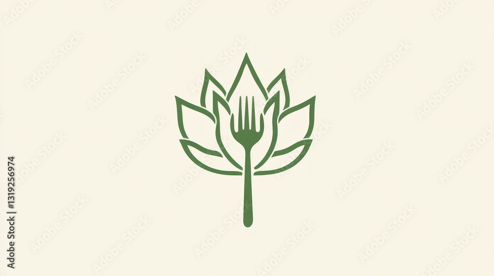 Fototapeta premium Abstract food logo, fork and leaves, nature-inspired restaurant