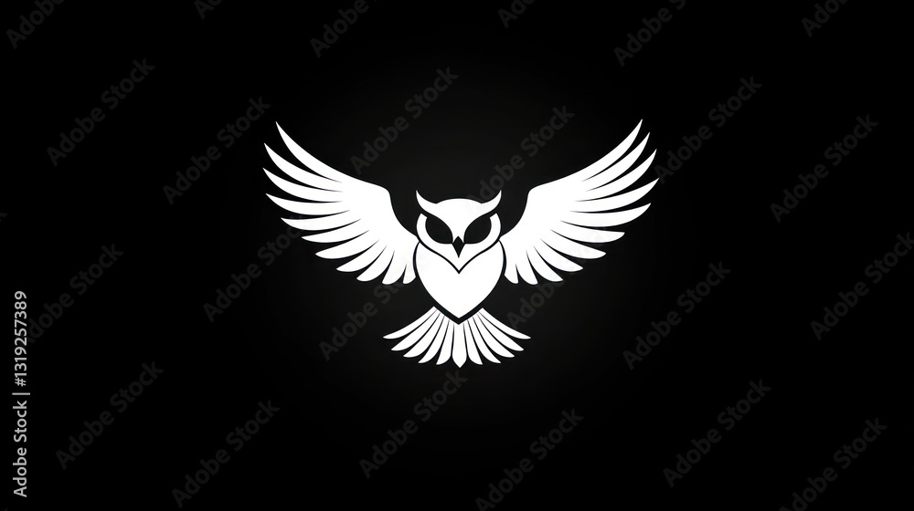 Fototapeta premium Owl in flight, graphic design, black background, logo potential