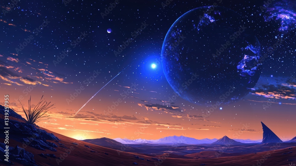 Fototapeta premium Enigmatic sci-fi fantasy planet with endless crimson dunes and glowing elements creating a mesmerizing atmosphere