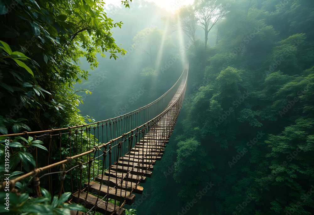 Fototapeta premium The Forest Crossing: A Rope Bridge Through the Wilderness