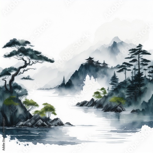 beautiful border frame of japanese traditional ink painting  of Island with trees in fog background
