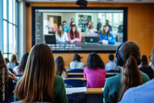 A digital screen showing online students in a hybrid class