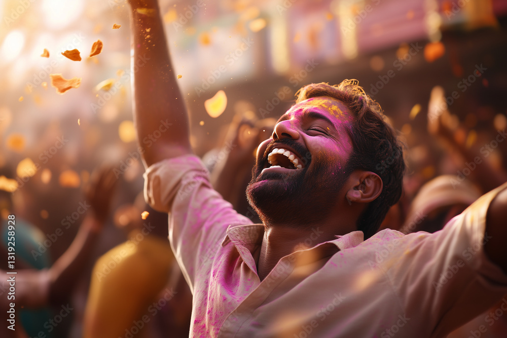 Obraz premium Joyful Holi festival celebration with colorful powder in the air 