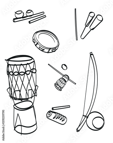 Capoeira music instument doodle icon set. Vector illustration of black line art drawings.