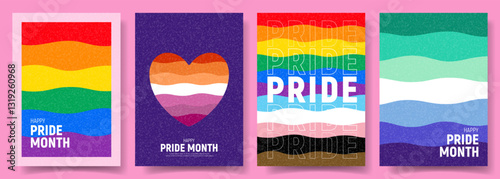 Pride Month posters concept. Vector illustration with wavy rainbow patterns and typography design. Set of Pride Month flyers for decoration of LGBT events, social media, cover, branding.