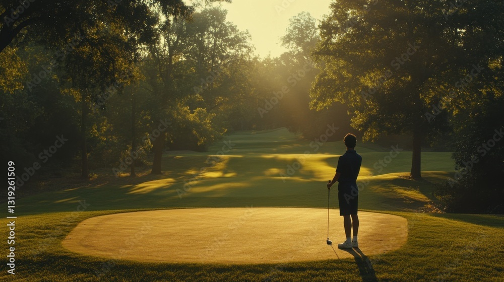 Golfer Preparing for Put in Serene Morning Light on Golf Course