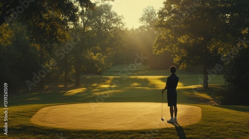 Obraz na płótnie Golfer Preparing for Put in Serene Morning Light on Golf Course w salonie