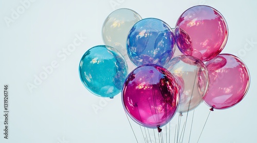 A Whimsical Cluster Of Iridescent Balloons Floating Against A Clear Sky, Shimmering With Pastel Hues And Translucent Beauty