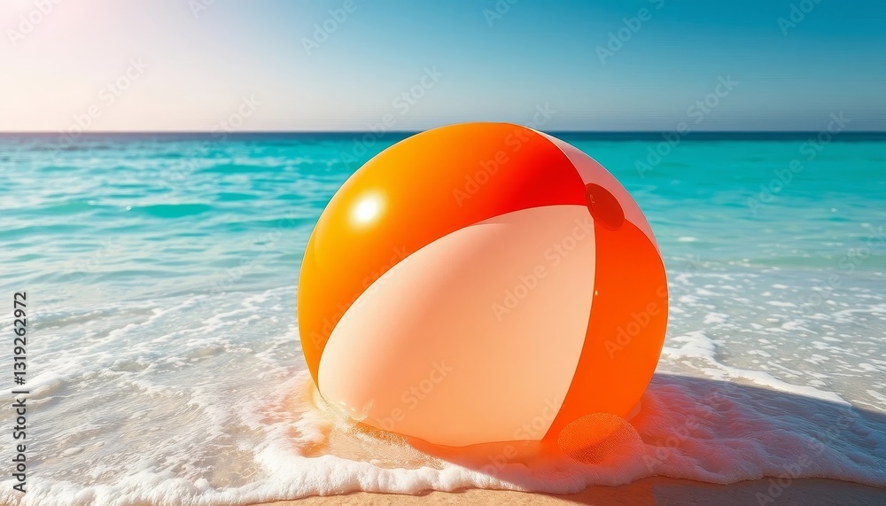 Obraz premium A vibrant orange and cream beach ball rests gently in the foamy surf, the sunlit ocean providing a tranquil backdrop to a day of summer fun.