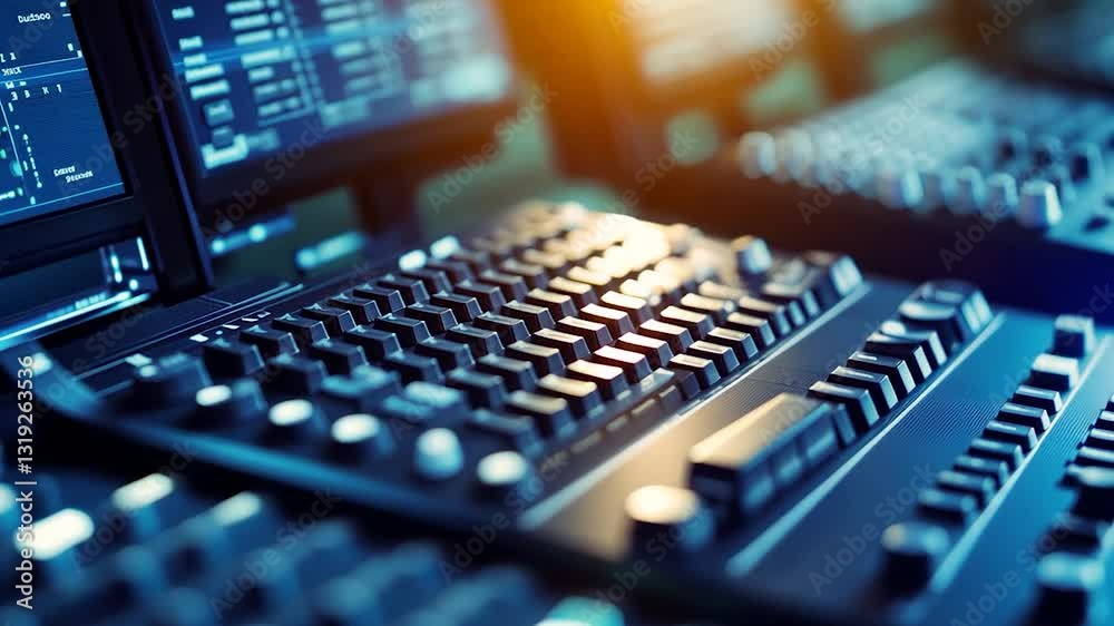 Close-up of a Computer Keyboard and Monitors in a Blue-Toned Technology Setting Close-up of a Computer Keyboard and Monitors in a Blue-Toned Technology Setting