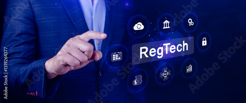 Regtech, Regulatory technology concept, management of regulatory processes with financial industry through technology, Regulatory monitoring, reporting and compliance, Machine learning tech.