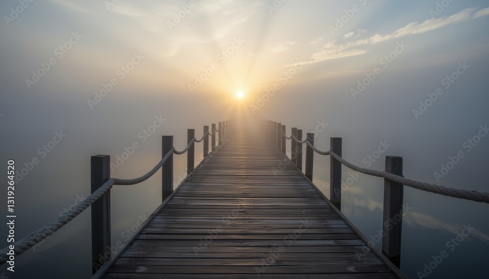 Obraz premium Sunrise over a mist-covered lake with a wooden pier