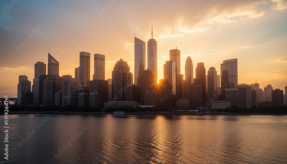 Fototapeta premium City skyline at sunset with buildings reflecting the golden light