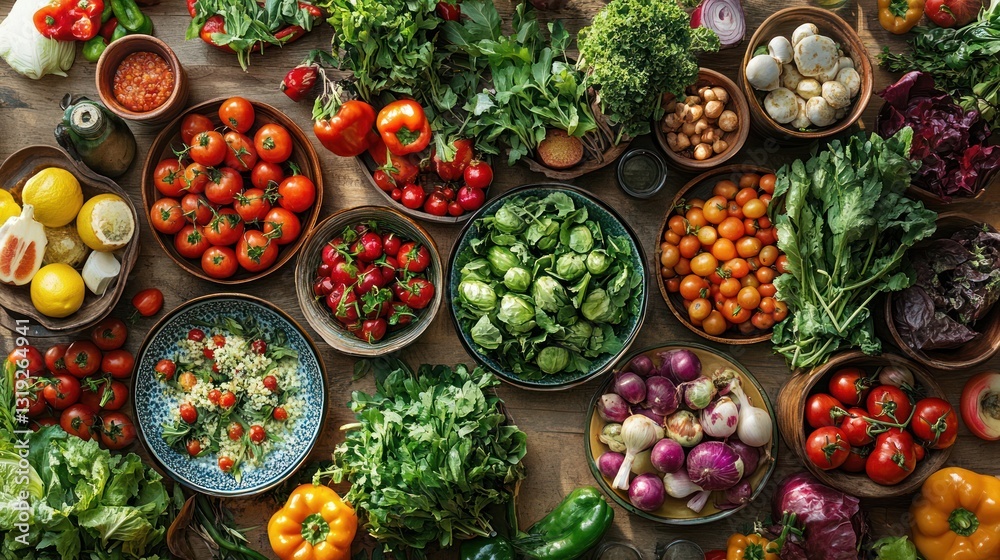 Fototapeta premium Colorful fresh vegetables arranged on rustic wooden table; healthy eating; assorted produce