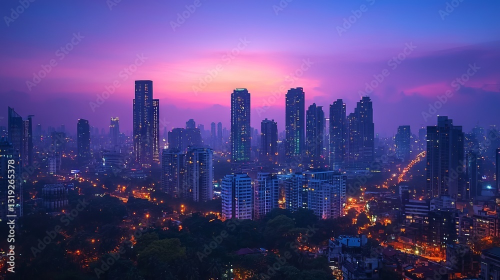 Fototapeta premium Vibrant City Skyline at Dusk with Colorful Sky and Urban Lights