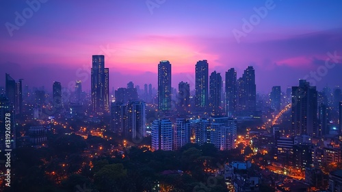 Wallpaper Mural Vibrant City Skyline at Dusk with Colorful Sky and Urban Lights Torontodigital.ca