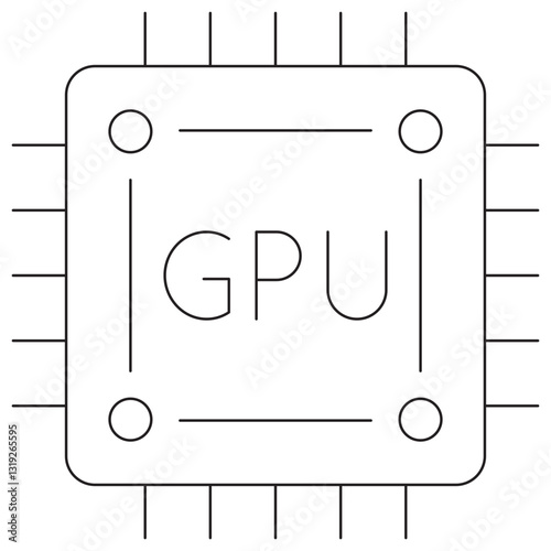 Icon of a Graphics Processing Unit chip, representing computer hardware, gaming, AI acceleration, and high-performance computing. Vector illustration with thin black lines. Editable stroke thickness
