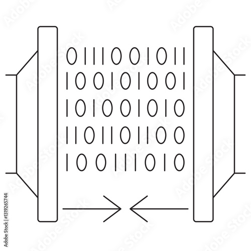 Icon of data compression with binary code between two presses, symbolizing digital encoding, file reduction, and AI-driven optimization. Vector pictogram with thin black lines. Line thickness editable