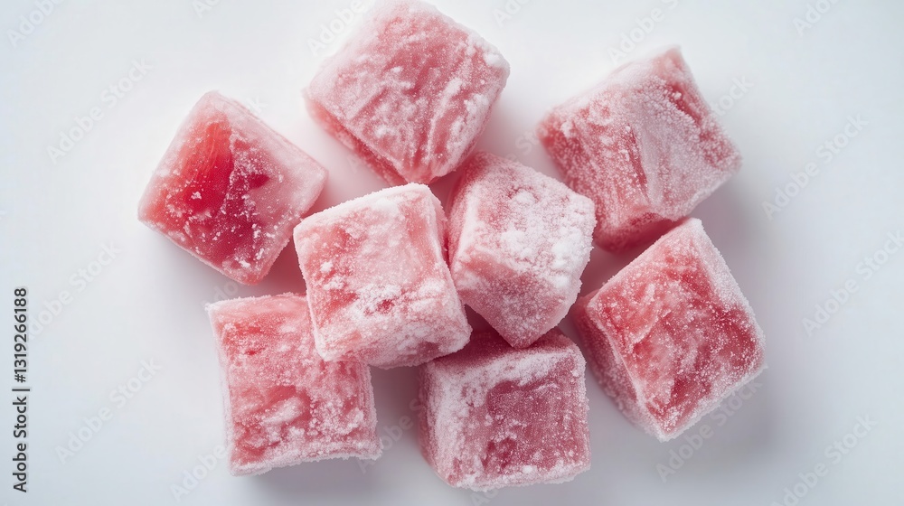 Delicious pink turkish delight covered in icing sugar forming a delightful pile Delicious pink turkish delight covered in icing sugar forming a delightful pile