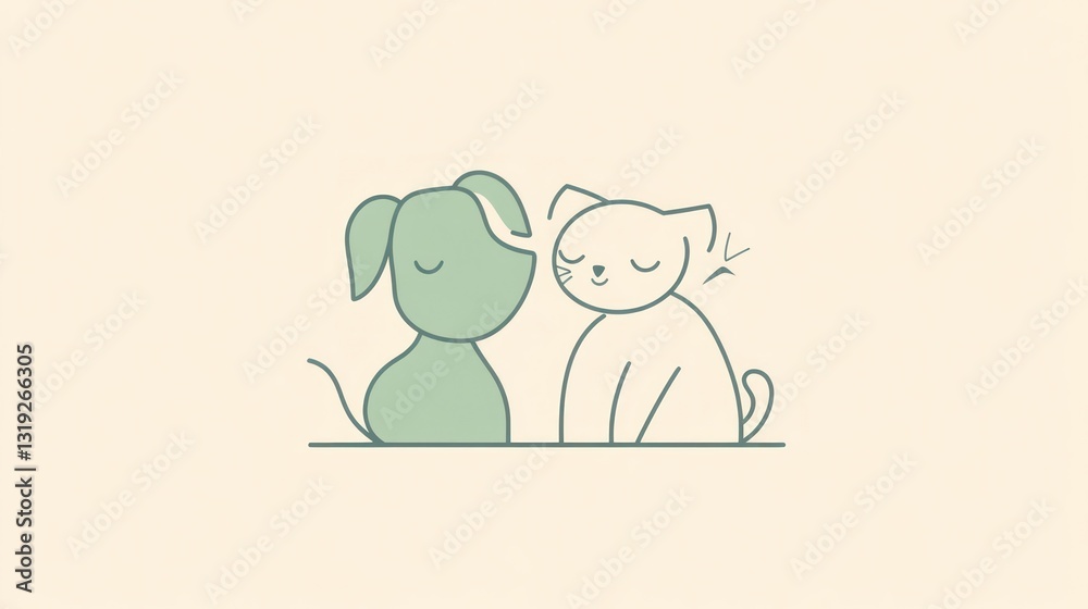 Fototapeta premium Cartoon dog and cat, gentle touch, simple illustration, for a kids' book, or social media