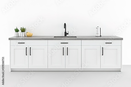 Modern White Kitchen Cabinets with Black Hardware and Concrete Countertop