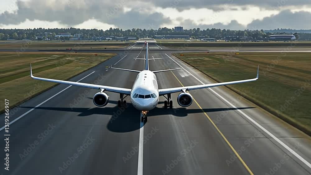 Commercial airliner on approach, runway view in a modern aviation simulation video