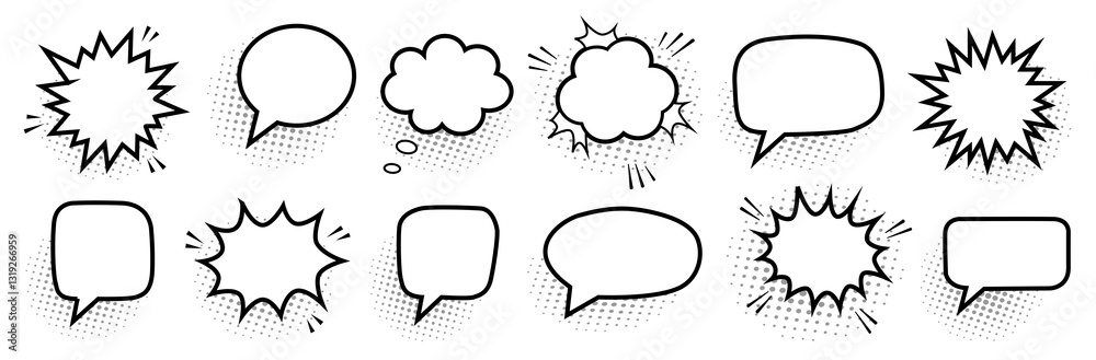Fototapeta premium Set of retro empty comic speech bubbles with black halftone shadows. Vintage pop art design, perfect for comics, posters, and creative projects.