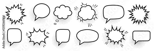 Set of retro empty comic speech bubbles with black halftone shadows. Vintage pop art design, perfect for comics, posters, and creative projects.