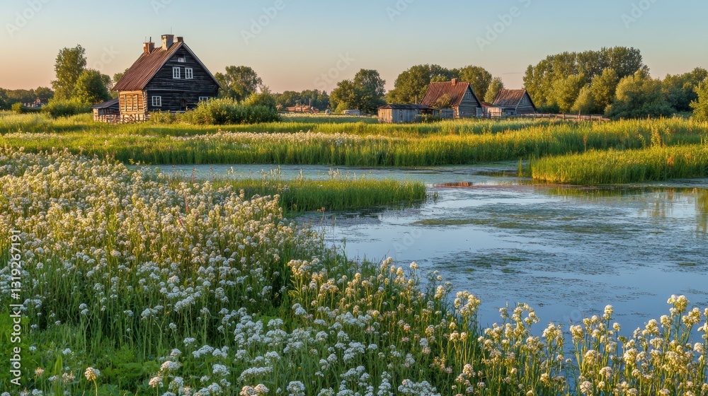 Obraz premium Rustic Wooden Houses Beside A Calm Summer Pond
