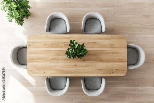 Modern Minimalist Dining Room Top View of Oak Table with Grey Chairs and Plant