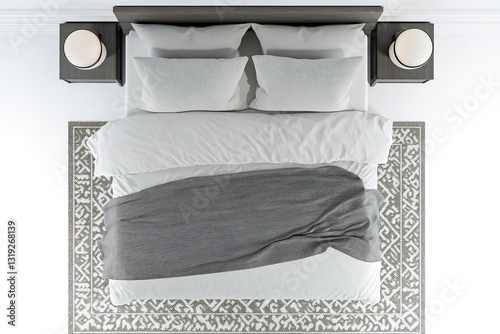 Modern Bedroom Top View Stylish Bed, Gray Blanket, and Geometric Rug