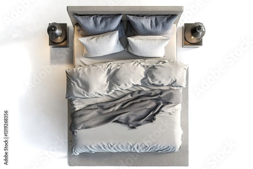 Modern Minimalist Bedroom Top View Beige Bedding, Grey Throw, Nightstands