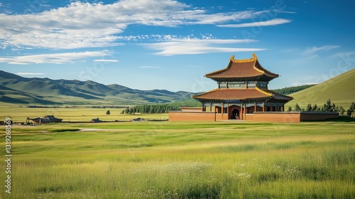 Traditional buddhist temple standing in a green meadow in mongolia surrounded by rolling hills photo